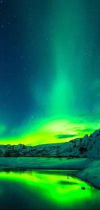 This stunning live wallpaper features the mesmerizing aurora borealis casting beautiful shades of green and blue across a serene frozen lake