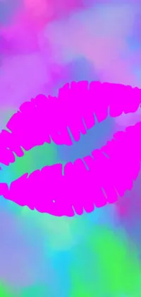 This live phone wallpaper features a striking close-up of a red lipstick on a colorful Lisa Frank-style background