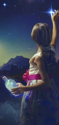 Experience the magic of a little girl looking up at the stars in this mesmerizing live wallpaper