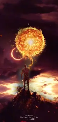 This stunning live wallpaper features beautiful digital art of a powerful man holding a glowing fireball atop a mountain