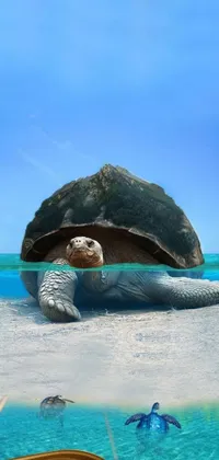 This live wallpaper for your phone features an open book resting on a sandy beach, displaying a portrait picture with aged turtle in the foreground