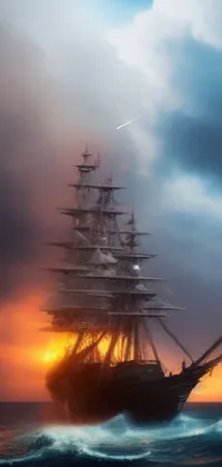 Experience the magic of the ocean with this stunning live wallpaper featuring a majestic tall ship floating on glistening waters