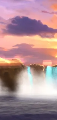 This live phone wallpaper features a stunning waterfall overlaid with a warm sunset backdrop