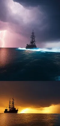 This dynamic phone live wallpaper showcases a majestic ship navigating through a vast sea, featuring stunning photo-realism and meticulous detail