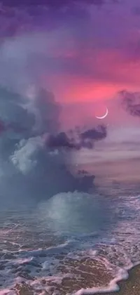 This phone live wallpaper displays a captivating beach scene with waves and a crescent moon in the sky