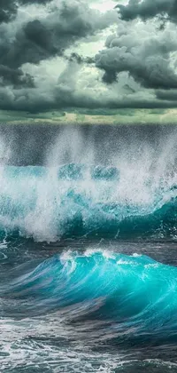 This phone live wallpaper showcases a stunning digital art depiction of a surfer gracefully riding a wave in the ocean during a violent storm