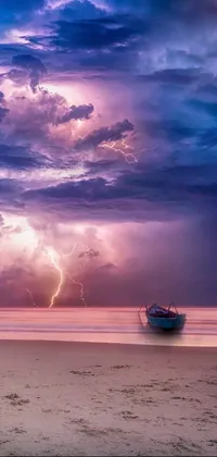 This live wallpaper features a boat on a tranquil beach, with fluffy clouds in the sky and occasional lightning strikes in the distance