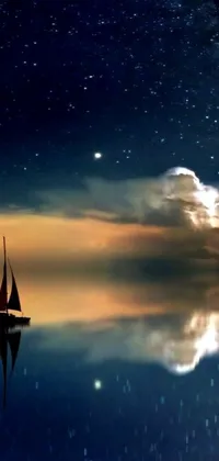 This live wallpaper features a peaceful boat floating atop a body of water under a serene night sky