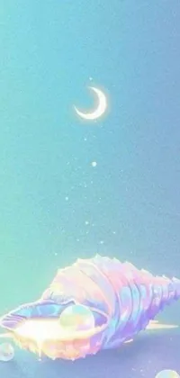 This phone live wallpaper showcases a detailed shell resting on the sandy beach beside the bright moon
