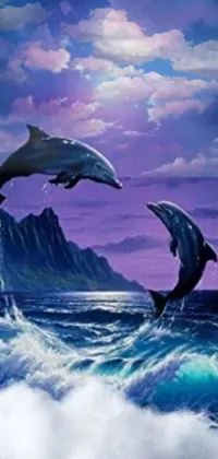 This live wallpaper depicts two dolphins jumping out of the water in a romanticized painting style available on DeviantArt
