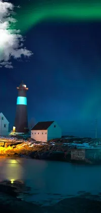 This phone live wallpaper showcases a stunning lighthouse on a pier next to tranquil water