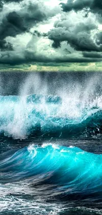 This phone live wallpaper features an amazing digital art image of a man surfing a huge wave in the ocean during a violent storm