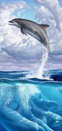 This phone live wallpaper features a breathtaking airbrush painting of two playful dolphins jumping out of the ocean