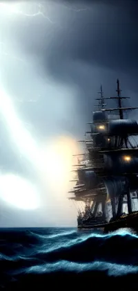 Experience adventure and danger in your phone with a stunning live wallpaper of a ship battling stormy weather at night