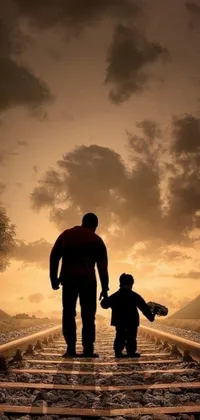 Looking for a heartwarming live wallpaper for your phone? Look no further than this beautiful digital art piece featuring a man and child walking down a train track