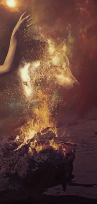 This live phone wallpaper is a captivating digital artwork featuring a woman standing in front of a crackling fire with an ethereal fox beside her