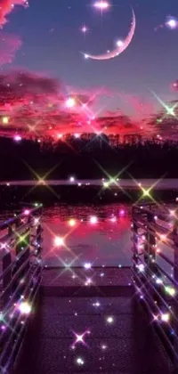 Introducing a stunning and mesmerizing phone live wallpaper! This digital art creation showcases a pier adorned with sparkling lights in pink and red colors, reflecting on a serene lake