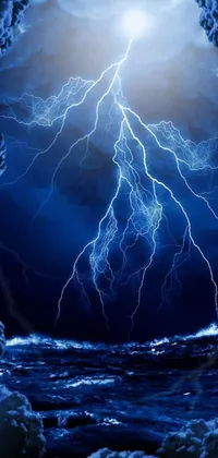 This phone live wallpaper features a stunning scene of a vast body of water under cloudy skies and flashing blue lightning