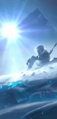 This live wallpaper features an ice armor-clad surfer riding a wave under the sun's glare