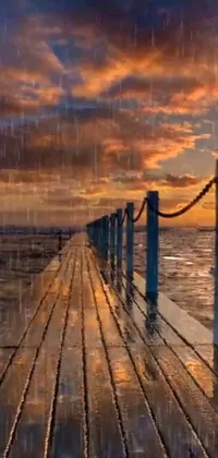 This stunning live wallpaper features a wooden pier in the middle of a body of water, complete with a photorealistic painting that captures the essence of romanticism