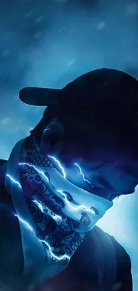 This stunning phone wallpaper presents a close-up of a person wearing a hat and a scarf in a cyberpunk-inspired world
