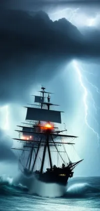 This stunning live wallpaper depicts a majestic ship in the vast ocean, capturing the romance of times gone by