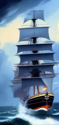 This phone live wallpaper showcases a stunning digital painting of a tall ship navigating through the ocean portrayed in a romanticism style