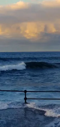 This live wallpaper features a thrilling scene of a man surfing on top of a powerful wave at dusk