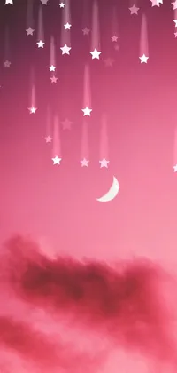 This live wallpaper boasts a beautiful celestial display, featuring a pink sky background with a lovely crescent moon in the center