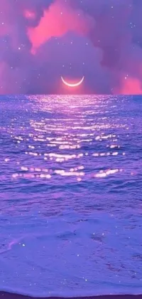 This phone live wallpaper showcases a beautiful sunset over the ocean with a crescent moon in the sky