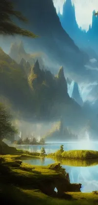 This live phone wallpaper showcases a stunning painting of a sunlit landscape, featuring a tranquil lake surrounded by imposing mountains and misty valleys