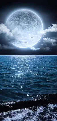 Looking for a phone live wallpaper that will transport you to a breathtaking moonlit scene? Look no further than this stunning design, featuring a serene backdrop of deep blue water and a full moon casting a mesmerizing glow