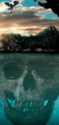 Get ready to add a touch of surrealism to your phone with this digitally created, vertical live wallpaper featuring a pirate-inspired skull floating above a tranquil body of water