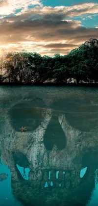 This phone live wallpaper features a detailed skull floating atop murky water, providing a haunting and creative atmosphere