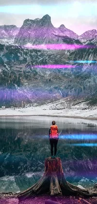 This unique phone live wallpaper showcases a serene lake view with a colorful digital art design and a person standing on top of a tree stump