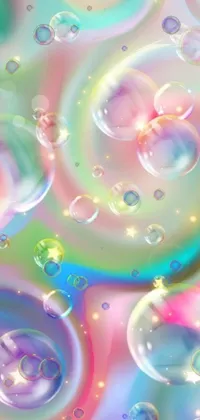 This exquisite phone live wallpaper features a series of colorful bubbles floating on a shimmering, iridescent background