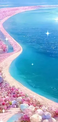 This live phone wallpaper features a picturesque beach covered in vibrant pink flowers next to a blue body of water on a sunny day