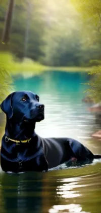 This live phone wallpaper showcases a digital art masterpiece featuring a serene black dog relaxing in a clear body of water within a lush forest setting