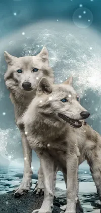 This stunning live wallpaper features a portrait style shot of two wolfs standing before a full moon