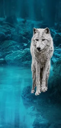 This phone live wallpaper showcases a majestic white wolf standing by a flowing body of water in a dark night forest