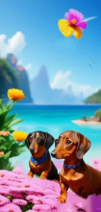 This captivating phone live wallpaper features animated digital renditions, including dogs on a field of flowers, tropical beach paradise, dachshund, Disney Pixar, beautiful avatars, forest scenery, city skyline, underwater landscape, space exploration, abstract geometric shapes, colorful graffiti art, iconic landmarks, and intricate mandalas
