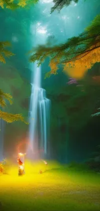 This live wallpaper showcases a breathtaking photograph of a stunning waterfall surrounded by lush green forests of Japan