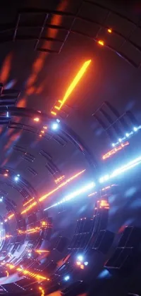Experience a stunning live wallpaper on your phone that takes you on a journey through a dark tunnel illuminated by orange and blue lights