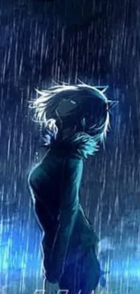 This phone wallpaper is a stunning and emotional illustration of a woman standing under an umbrella in the rain