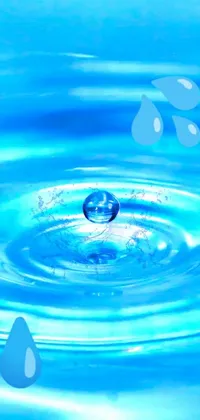 This stunning live phone wallpaper features a beautifully rendered water drop in crystal clear azure water