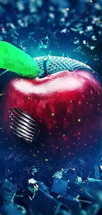 This live wallpaper features a red apple with a green leaf on top, inspired by vibrant cyberpunk art