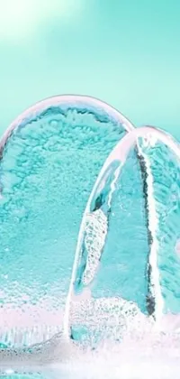 This phone live wallpaper features a visually captivating image of two hearts made out of ice, surrounded by a soothing turquoise color resembling a bubble bath