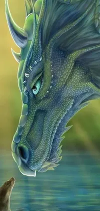 This phone live wallpaper reveals a serene and striking painting of a green dragon and a small mouse amidst the tranquil water