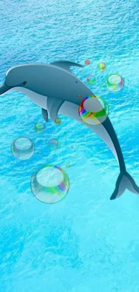 This phone live wallpaper features a graceful dolphin floating in water, surrounded by fine bubbles, and a serene background