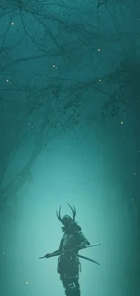 This live wallpaper features a stunning digital art depiction of a man carrying a sword in the midst of a dense forest